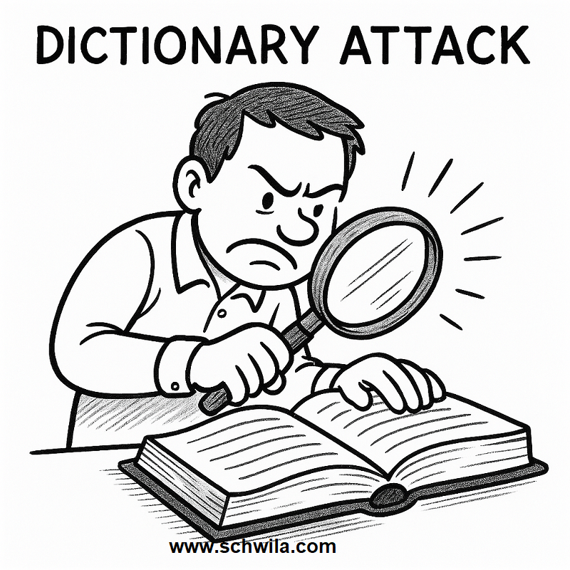 هجوم القاموس، Dictionary Attack، كلمات المرور، كسر الحماية، الأمن السيبراني، أدوات اختراق، الحماية من الهجمات، تحليل السلوك الأمني، أمن الحسابات، Schwila Security